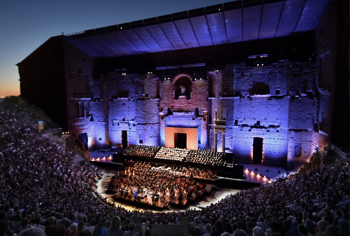 The Choregies theatre in Orange at night